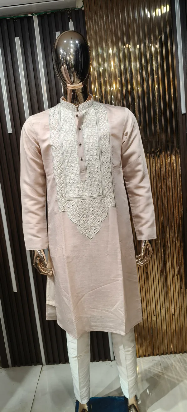 Beige_Art_Silk_Embroidered_Kurta_Set_For_Men