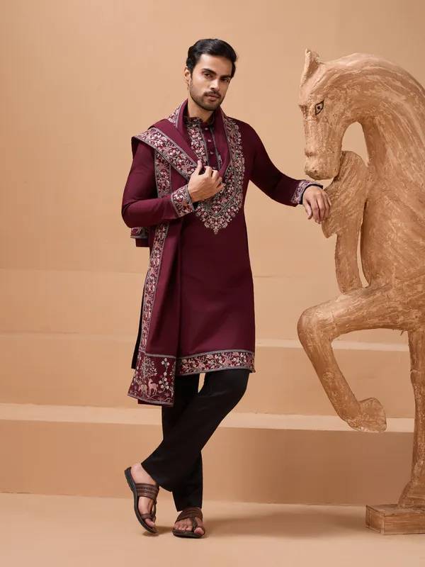 Maroon_Art_Silk_Embroidered_Kurta_Set_With_Stole_For_Men