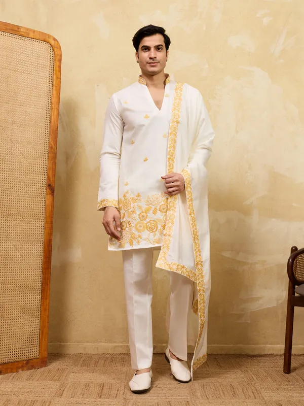 Ivory_Art_Silk_Golden_Floral_Embroidered_Kurta_Set_For_Men