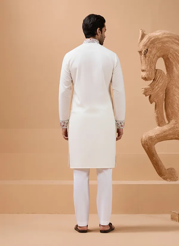 Ivory_Cotton_Silk_Embroidered_Kurta_Set_With_Dupatta_For_Men