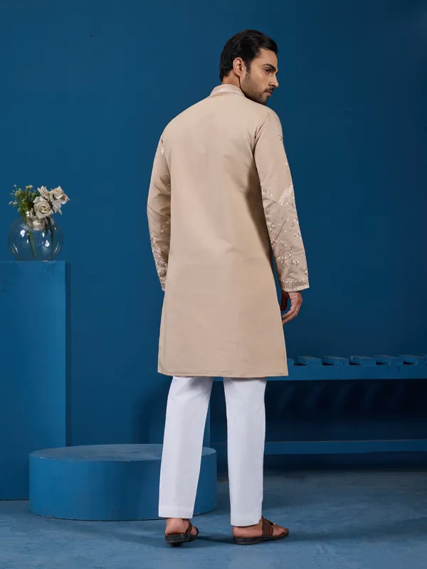Beige_Silk_Blend_Embroidered_Kurta_Pajama_Set_For_Men