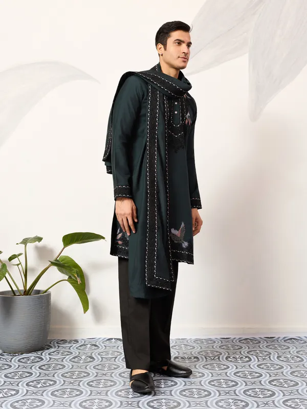 Bottle_Green_Jacquard_Silk_Embroidered_Kurta_Set_For_Men