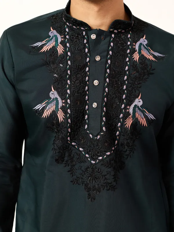 Bottle_Green_Jacquard_Silk_Embroidered_Kurta_Set_For_Men