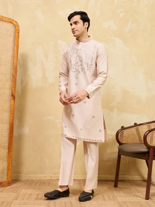 Beige_Cotton_Silk_Embellished_Kurta_Pajama_Set_For_Men