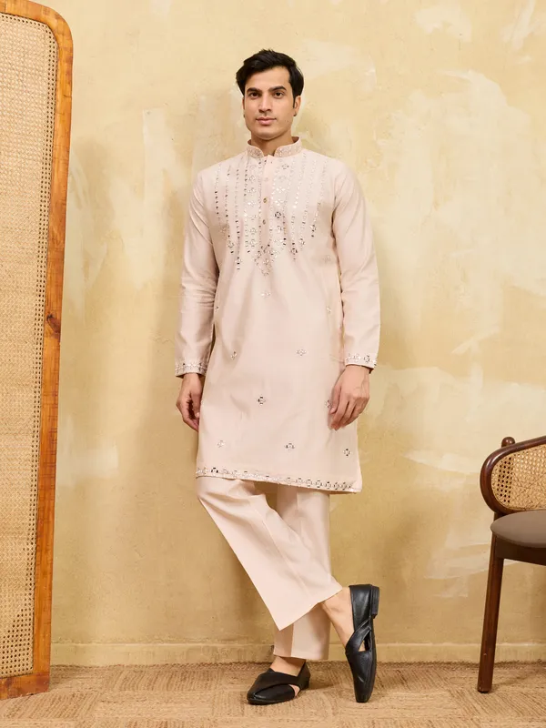 Beige_Cotton_Silk_Embellished_Kurta_Pajama_Set_For_Men