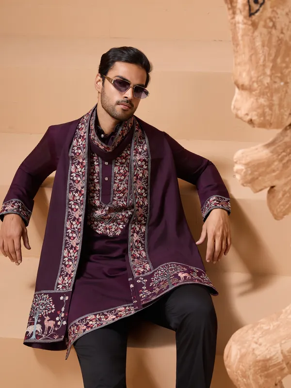 Purple_Silk_Blend_Embroidered_Sherwani_Set_With_Stole_For_Men