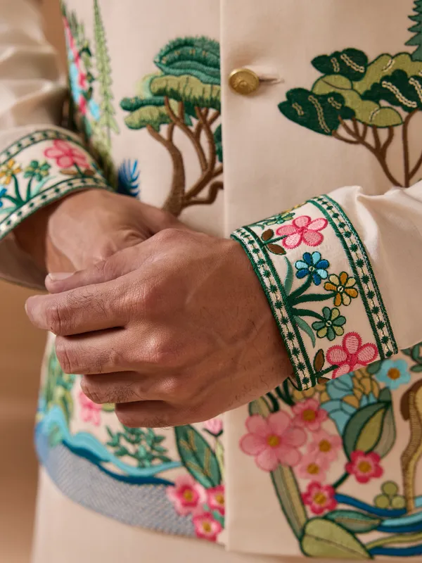 Peach_Cotton_Silk_Embroidered_Kurta_Nehru_Jacket_Set_For_Men