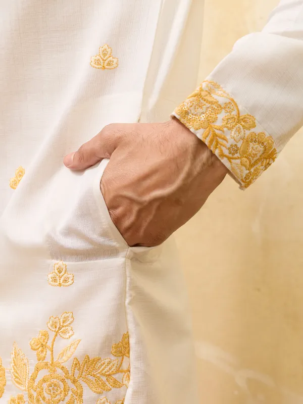 Ivory_Art_Silk_Golden_Floral_Embroidered_Kurta_Set_For_Men