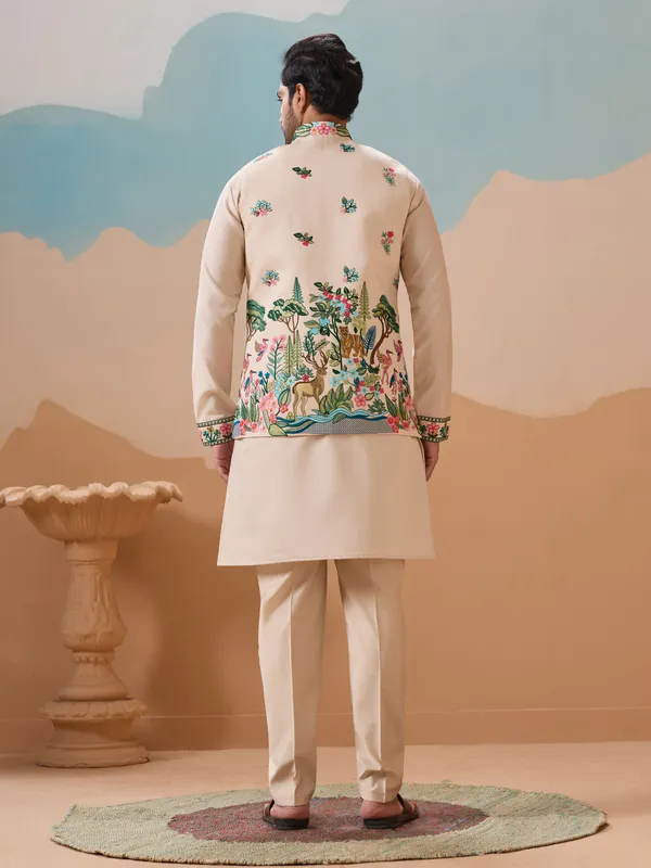 Peach_Cotton_Silk_Embroidered_Kurta_Nehru_Jacket_Set_For_Men