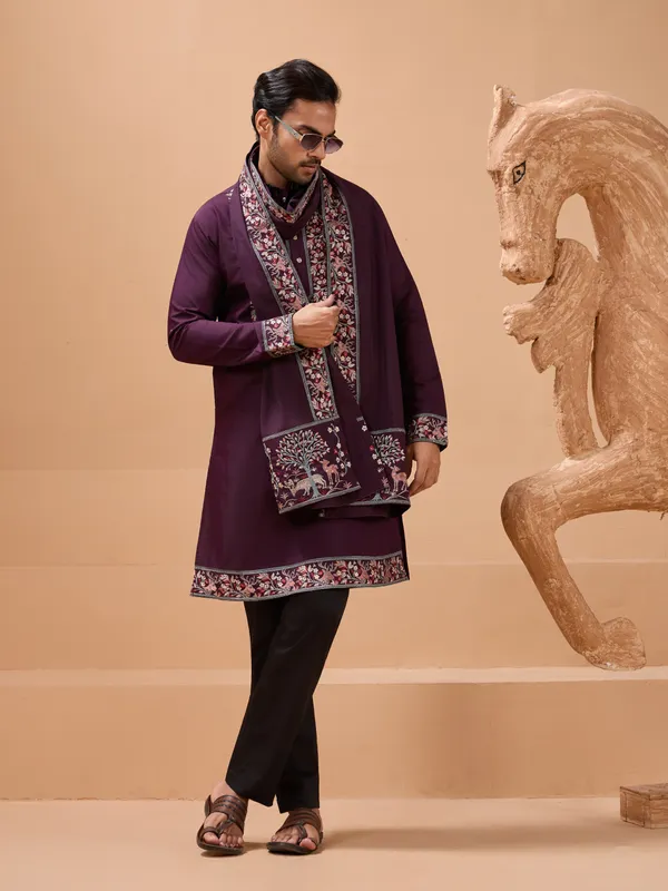 Purple_Silk_Blend_Embroidered_Sherwani_Set_With_Stole_For_Men