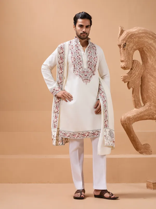 Ivory_Cotton_Silk_Embroidered_Kurta_Set_With_Dupatta_For_Men