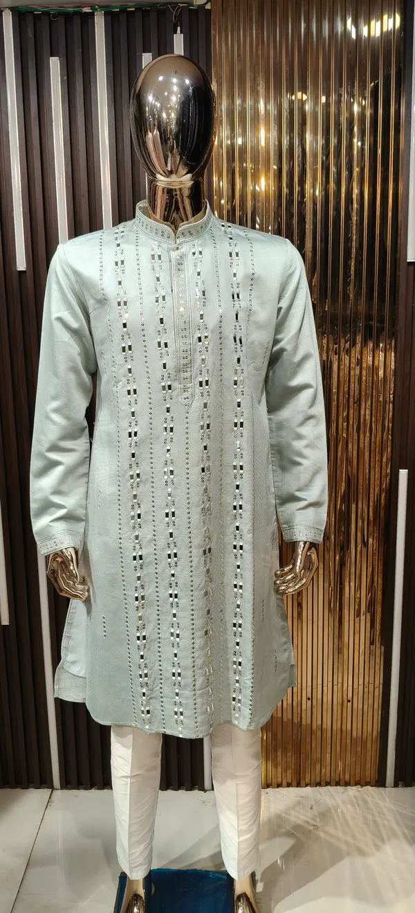 Mint_Green_Georgette_Silk_Mirror_Work_Kurta_Pajama_Set_For_Men