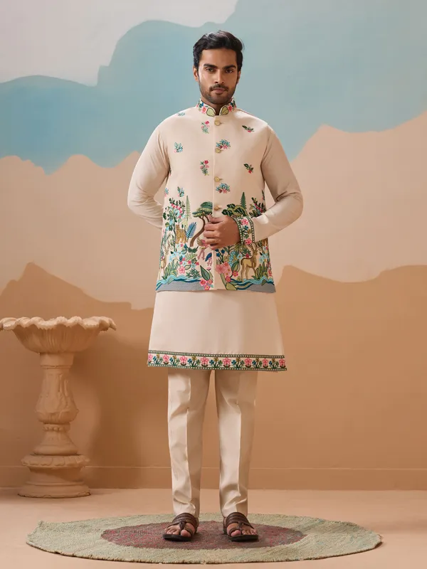 Peach_Cotton_Silk_Embroidered_Kurta_Nehru_Jacket_Set_For_Men