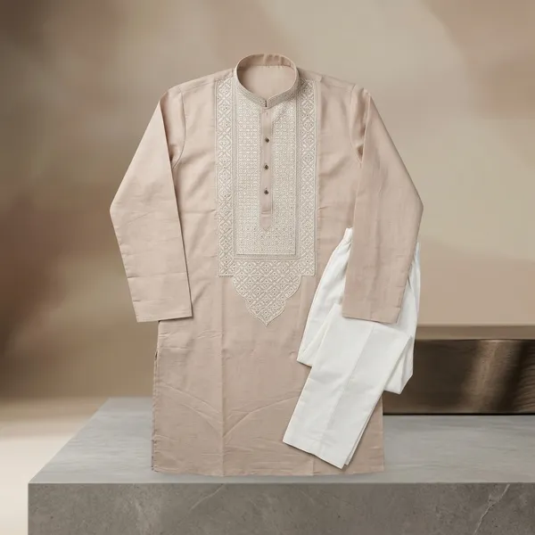 Beige_Art_Silk_Embroidered_Kurta_Set_For_Men