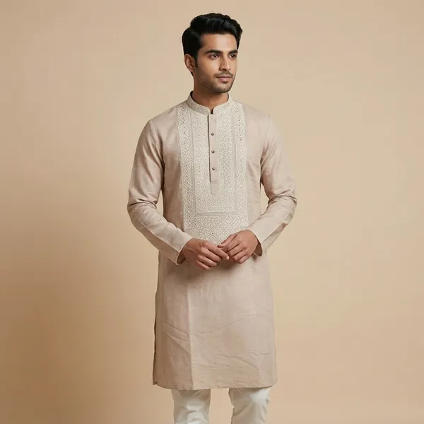 Beige_Art_Silk_Embroidered_Kurta_Set_For_Men