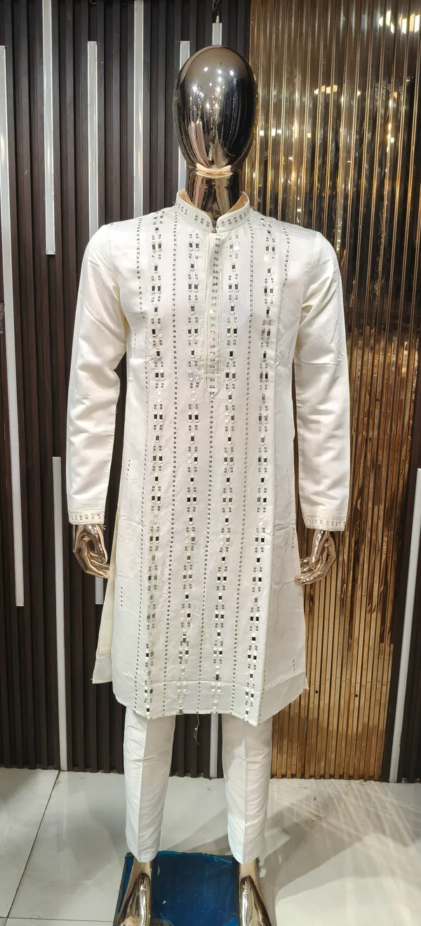 Beige_Silk_Blend_Mirror_Work_Embellished_Kurta_Pajama_Set_For_Men