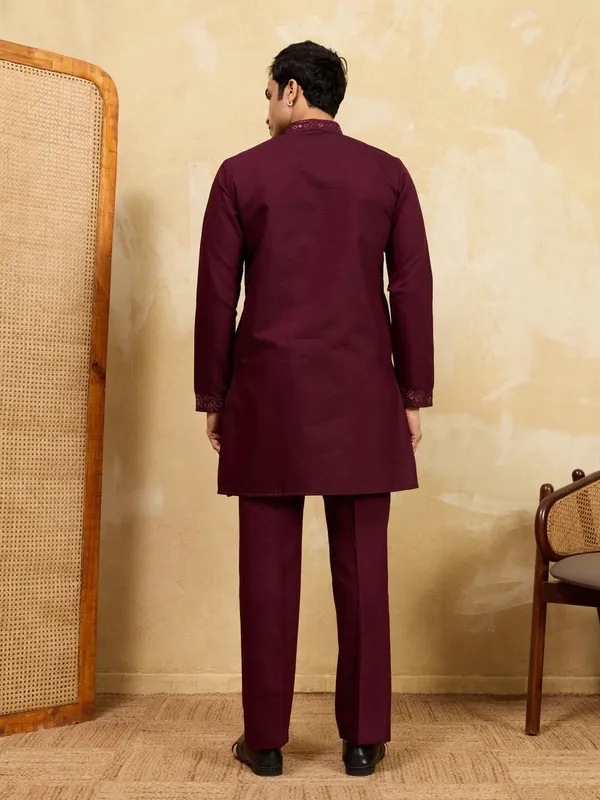 Maroon_Silk_Blend_Embroidered_Kurta_Pyjama_Set_For_Men