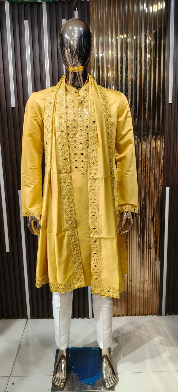 Mustard_yellow_Silk_Blend_Embroidered_Sherwani_Set_With_Dupatta_For_Men