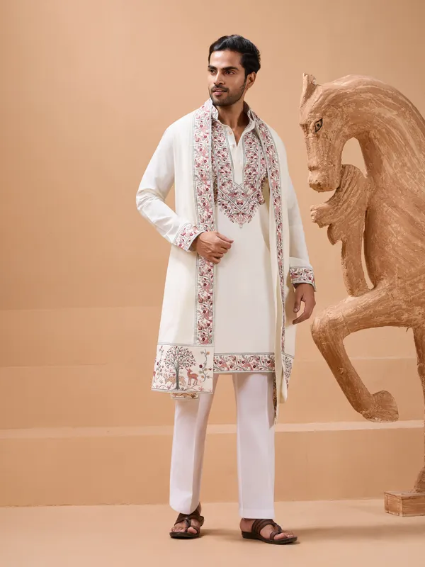 Ivory_Cotton_Silk_Embroidered_Kurta_Set_With_Dupatta_For_Men