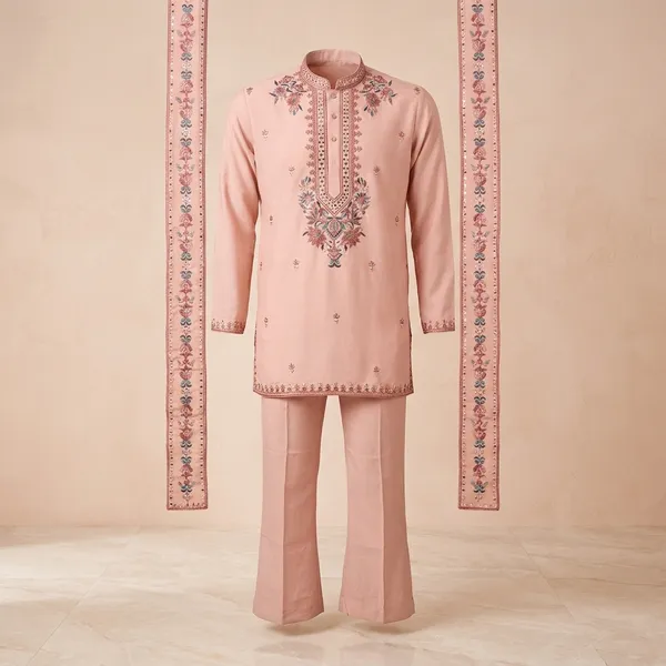 Crimsouine_Pink_Embroidered_Kurta_Set_With_Dupatta_For_Men
