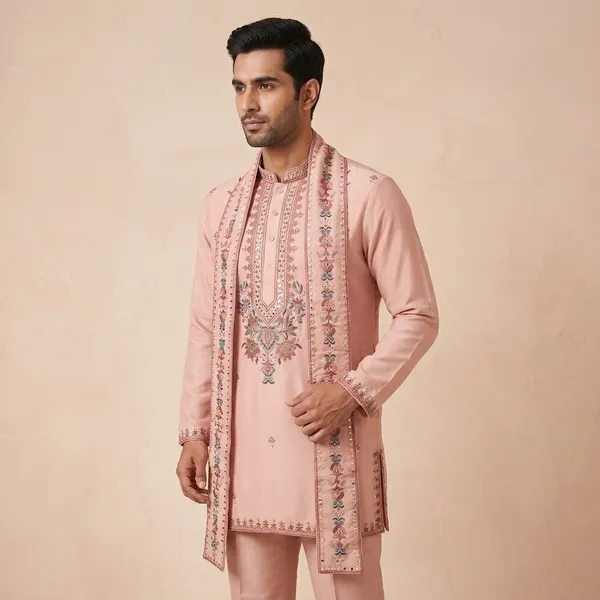 Crimsouine_Pink_Embroidered_Kurta_Set_With_Dupatta_For_Men