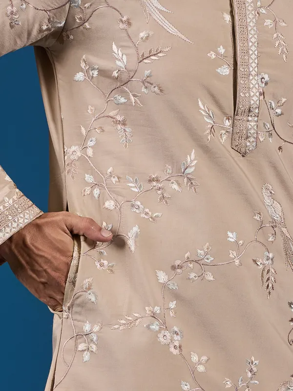 Beige_Silk_Blend_Embroidered_Kurta_Pajama_Set_For_Men