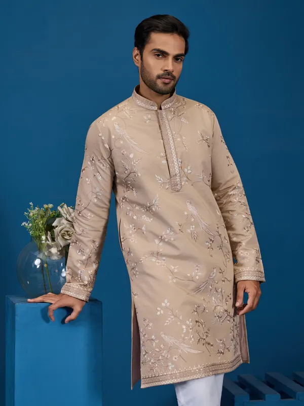 Beige_Silk_Blend_Embroidered_Kurta_Pajama_Set_For_Men