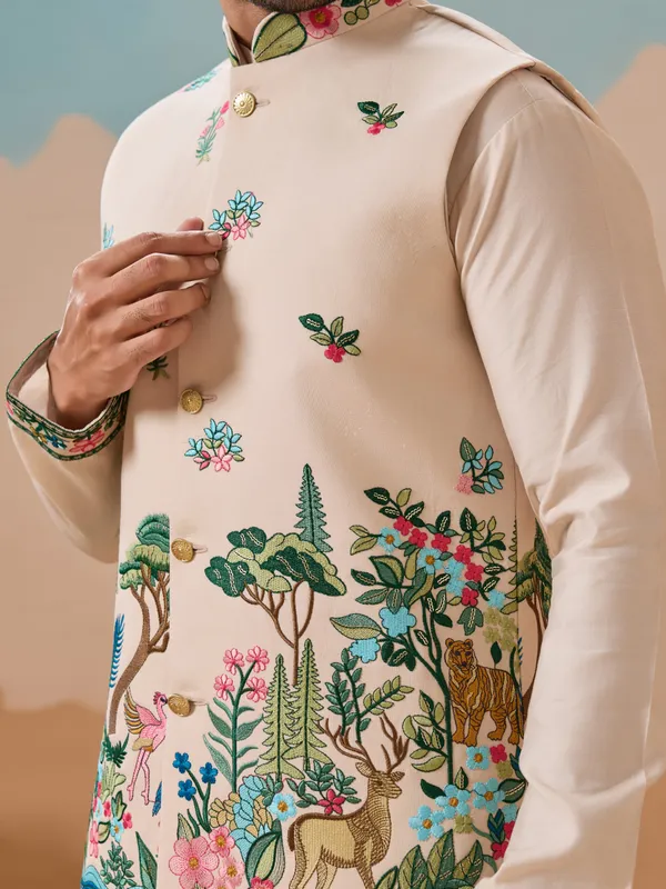 Peach_Cotton_Silk_Embroidered_Kurta_Nehru_Jacket_Set_For_Men