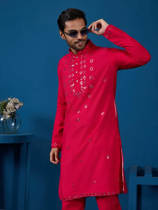 Fuschia_Pink_Blend_Mirror_Work_Embellished_Kurta_Pajama_Set_For_Men