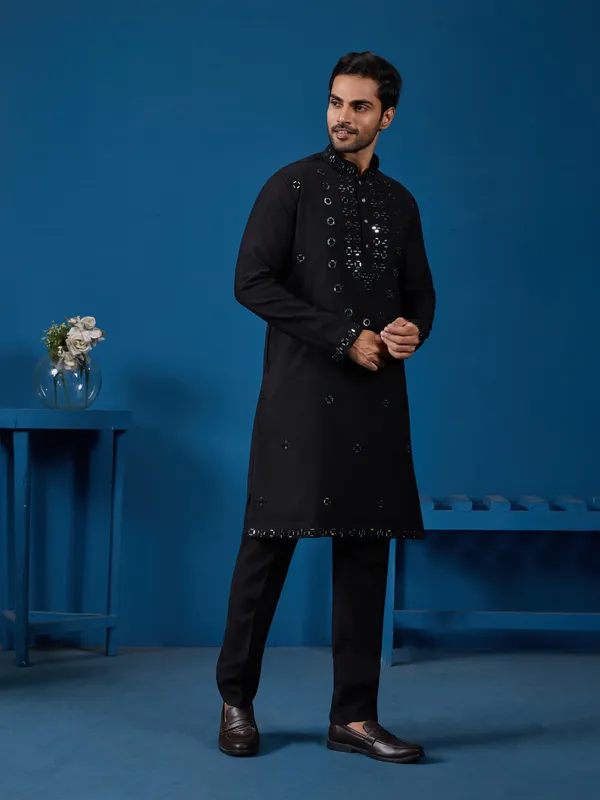 Black_Georgette_Silk_Mirror_Work_Embellished_Kurta_Set_For_Men