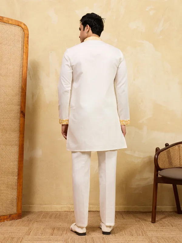 Ivory_Art_Silk_Golden_Floral_Embroidered_Kurta_Set_For_Men