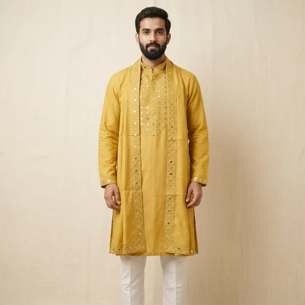 Mustard_yellow_Silk_Blend_Embroidered_Sherwani_Set_With_Dupatta_For_Men