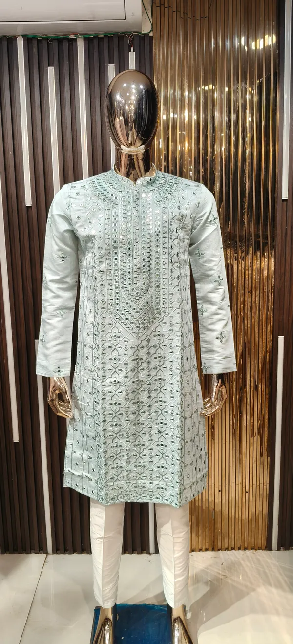 Ice_Blue_Art_Silk_Embroidered_Mirror_Work_Kurta_Set_For_Men