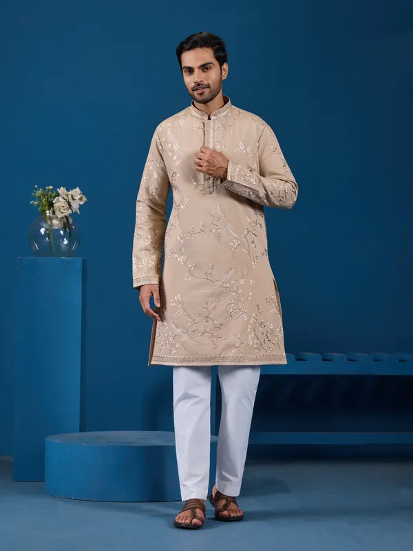 Beige_Silk_Blend_Embroidered_Kurta_Pajama_Set_For_Men