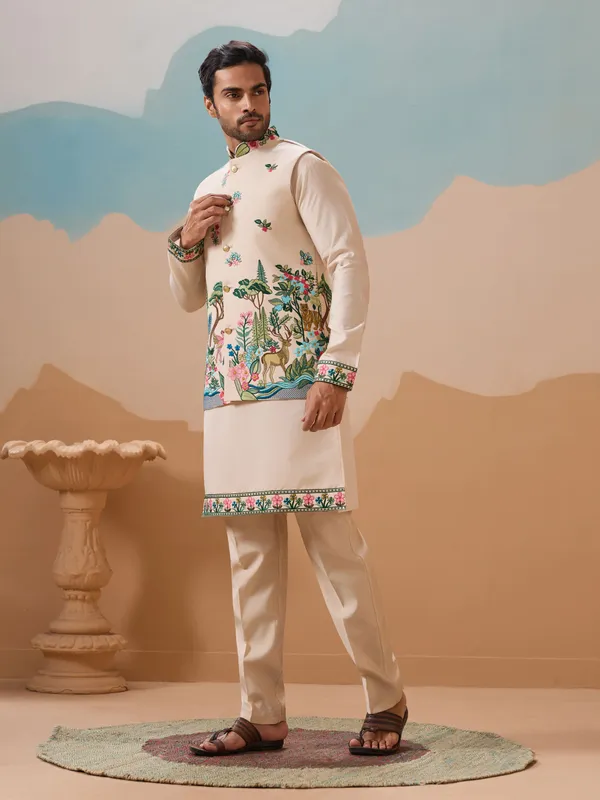 Peach_Cotton_Silk_Embroidered_Kurta_Nehru_Jacket_Set_For_Men