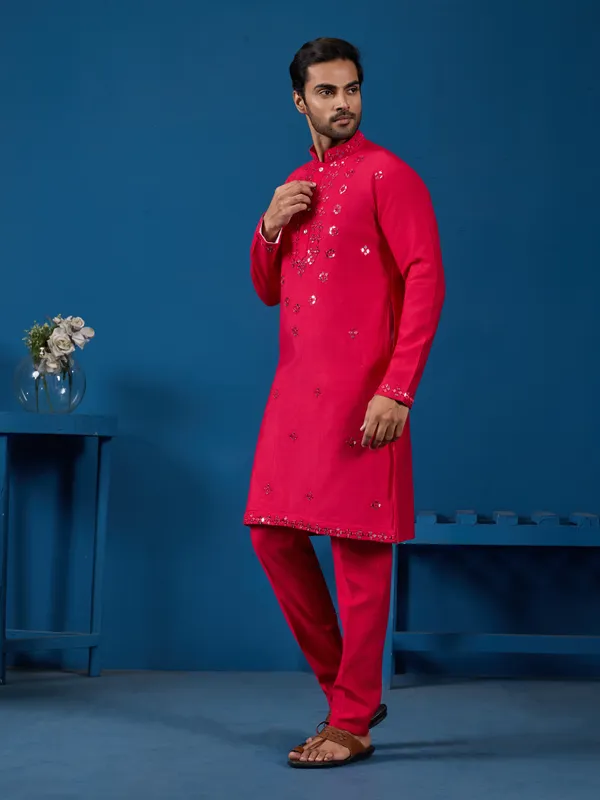 Fuschia_Pink_Blend_Mirror_Work_Embellished_Kurta_Pajama_Set_For_Men
