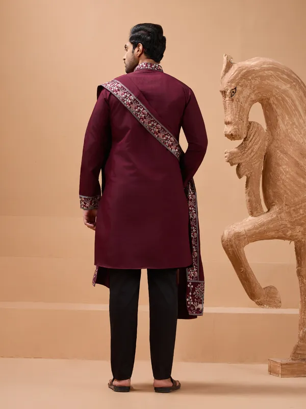 Maroon_Art_Silk_Embroidered_Kurta_Set_With_Stole_For_Men