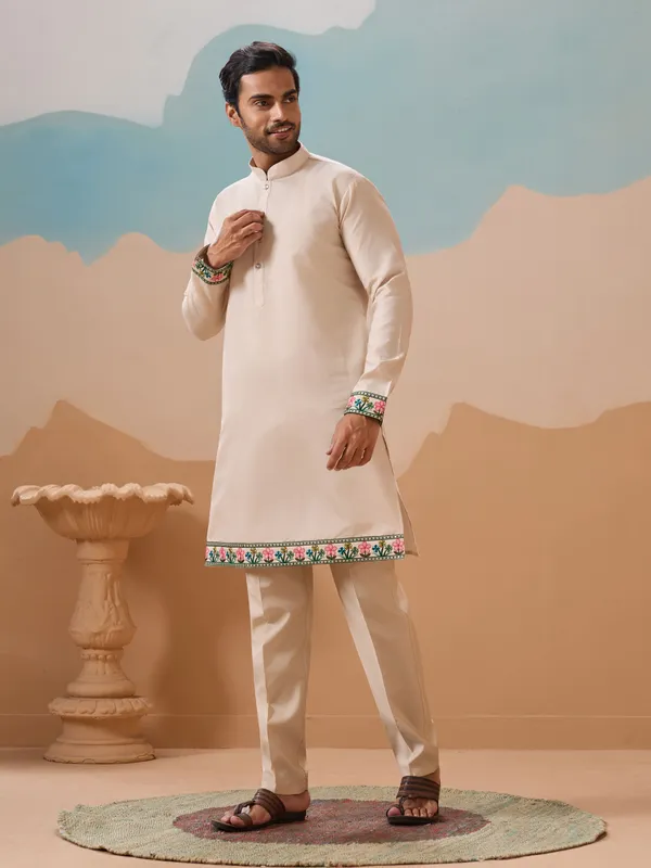Peach_Cotton_Silk_Embroidered_Kurta_Nehru_Jacket_Set_For_Men