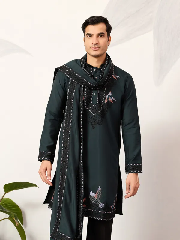 Bottle_Green_Jacquard_Silk_Embroidered_Kurta_Set_For_Men