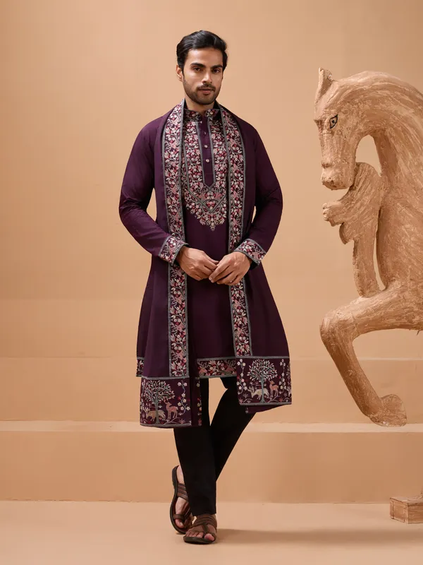 Purple_Silk_Blend_Embroidered_Sherwani_Set_With_Stole_For_Men