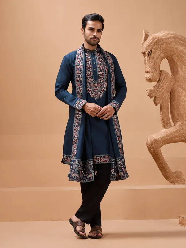 Teel_Blue_Silk_Blend_Floral_Embroidered_Sherwani_Set_For_Men