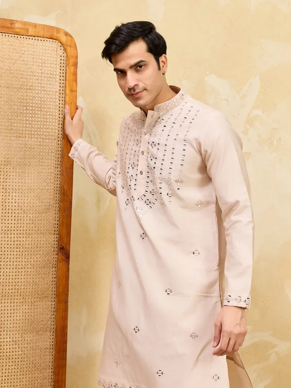 Beige_Cotton_Silk_Embellished_Kurta_Pajama_Set_For_Men