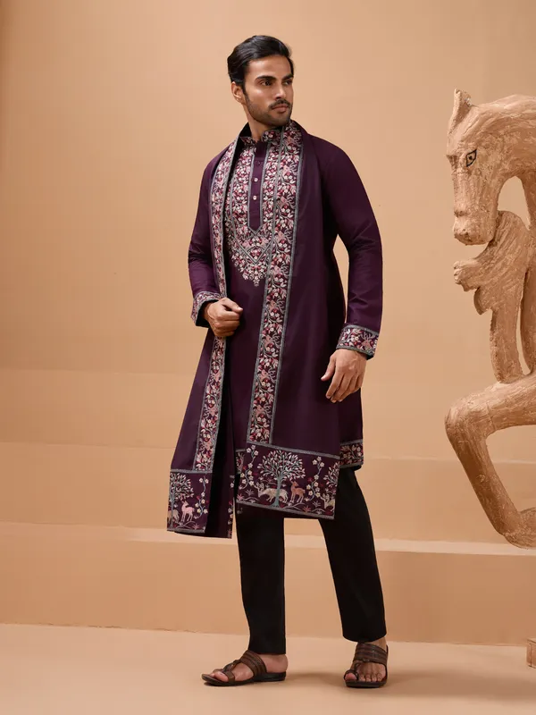 Purple_Silk_Blend_Embroidered_Sherwani_Set_With_Stole_For_Men