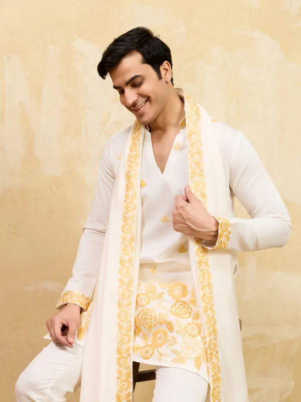 Ivory_Art_Silk_Golden_Floral_Embroidered_Kurta_Set_For_Men