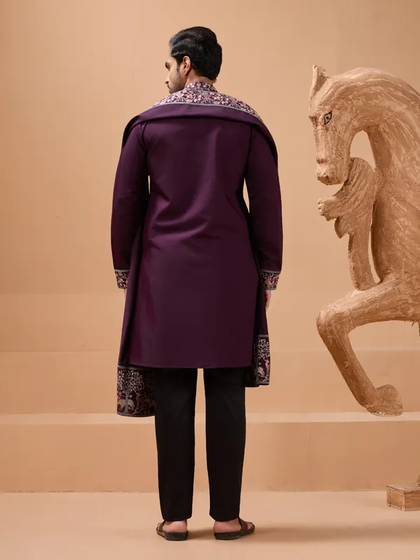 Purple_Silk_Blend_Embroidered_Sherwani_Set_With_Stole_For_Men