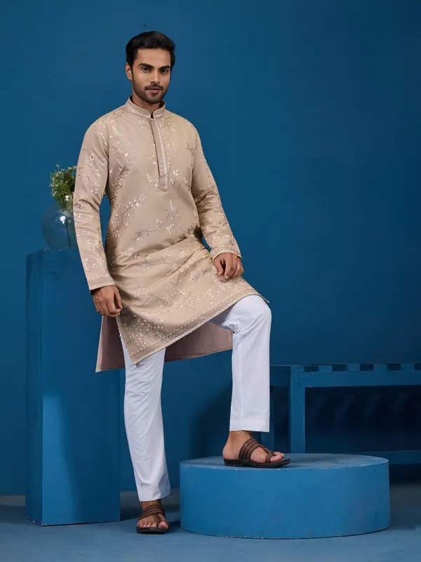 Beige_Silk_Blend_Embroidered_Kurta_Pajama_Set_For_Men