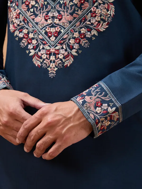 Teel_Blue_Silk_Blend_Floral_Embroidered_Sherwani_Set_For_Men