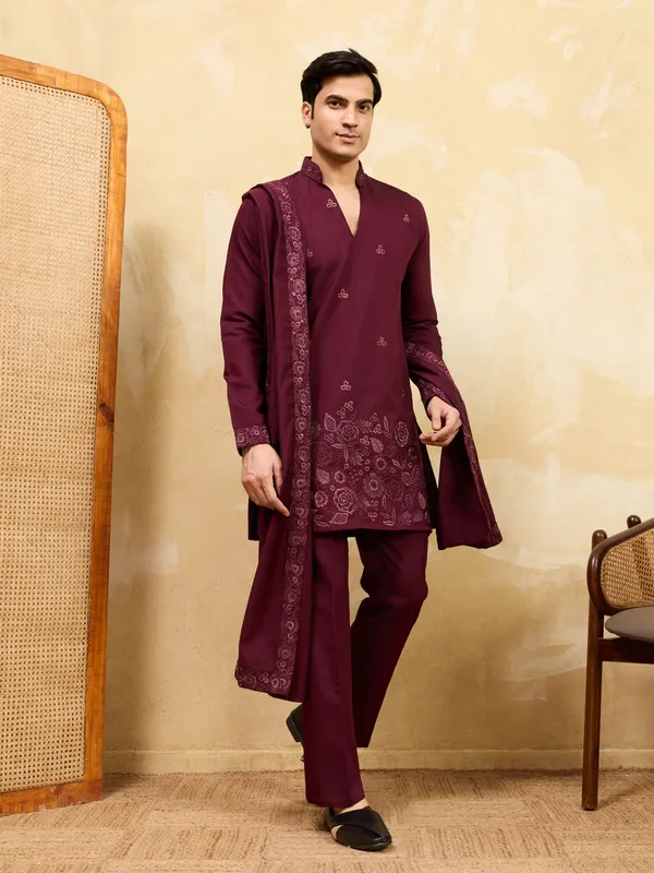 Maroon_Silk_Blend_Embroidered_Kurta_Pyjama_Set_For_Men