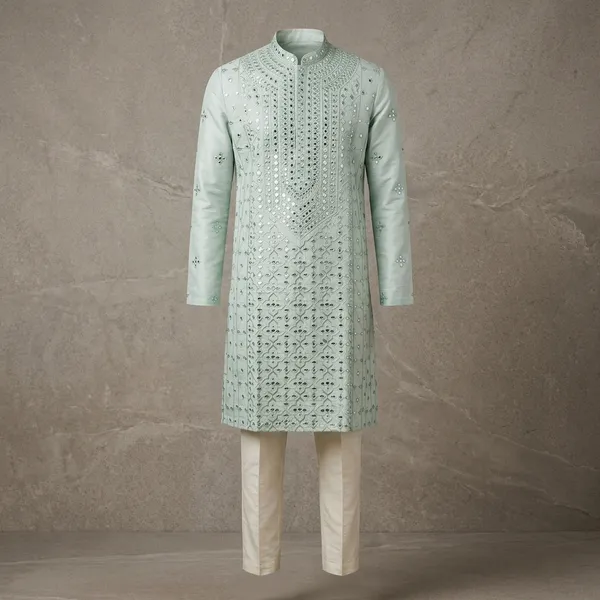 Ice_Blue_Art_Silk_Embroidered_Mirror_Work_Kurta_Set_For_Men