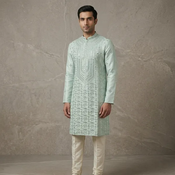 Ice_Blue_Art_Silk_Embroidered_Mirror_Work_Kurta_Set_For_Men